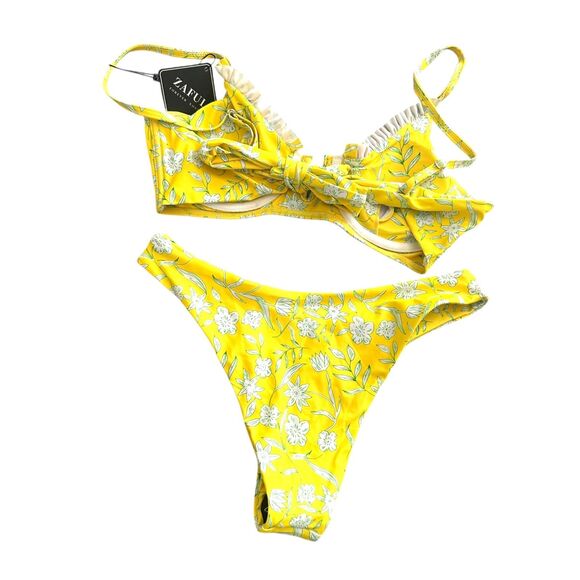 ZAFUL Floral V-Wire High Cut Bikini Yellow NWT Sz 4 - Picture 3 of 5